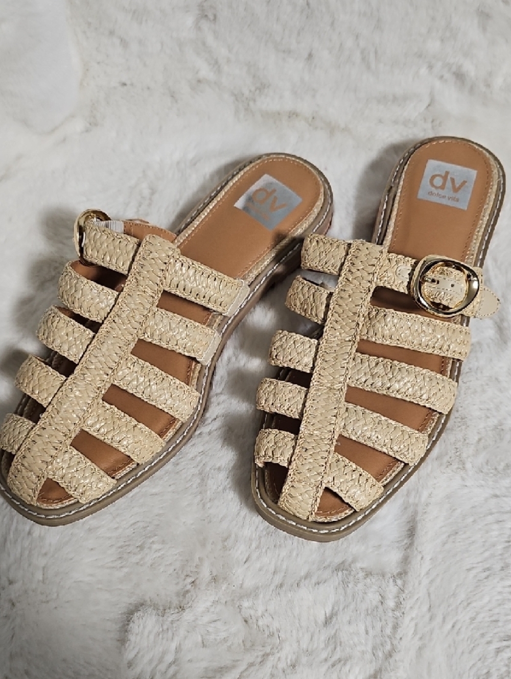 DV by Dolce Vita Beige Woven Slide Sandals with Gold Buckle - Picture 8 of 9